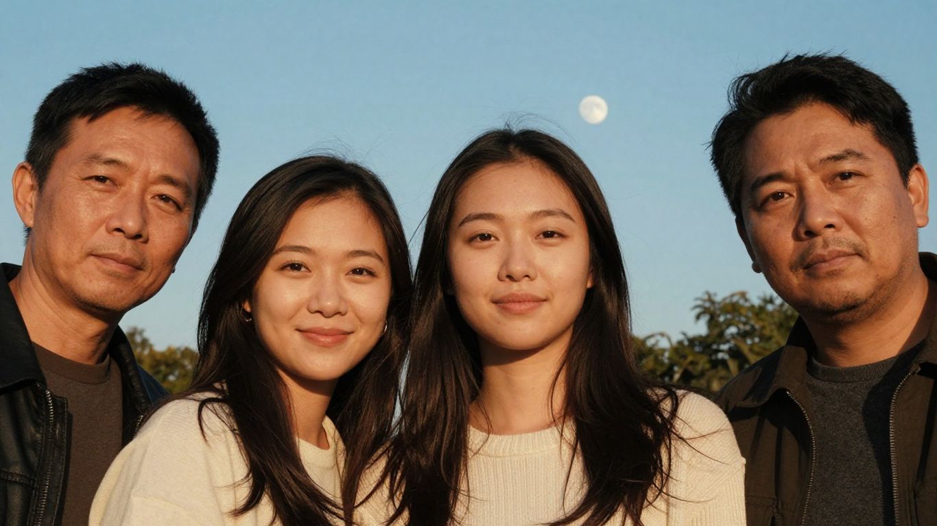 Three people outdoors under sunlight and moonlight