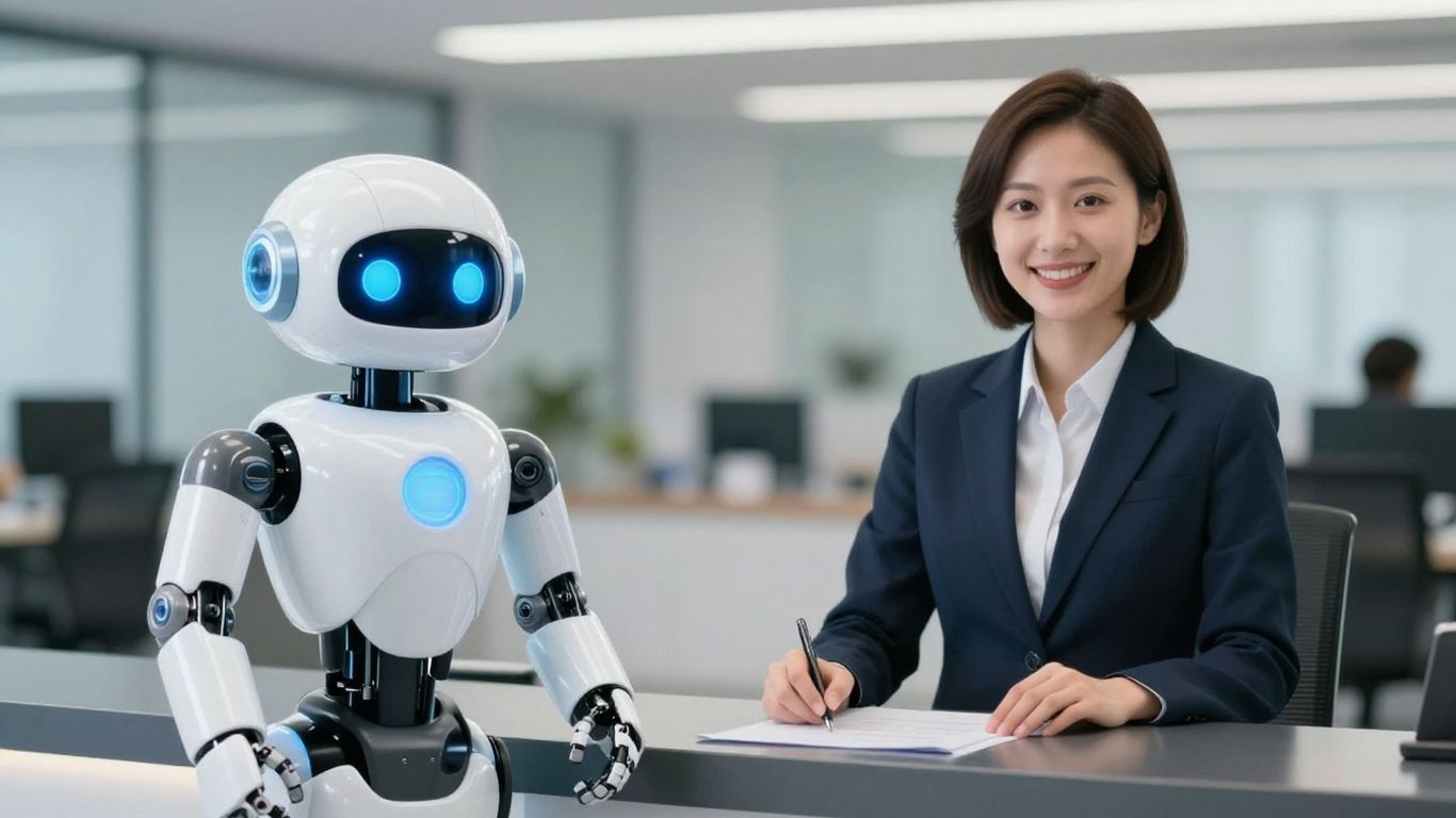 AI robot and human receptionist side-by-side.