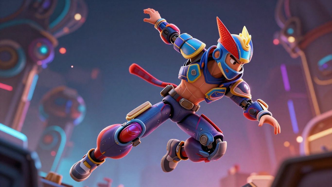 3D animation character performing an acrobatic move.