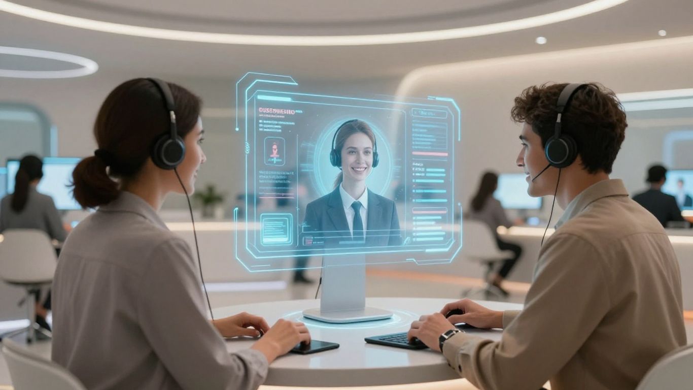 AI and human agents collaborating in a futuristic customer care setting.
