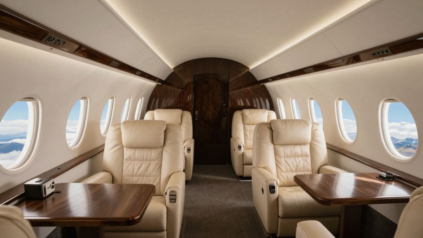 Luxurious private jet interior with scenic view.