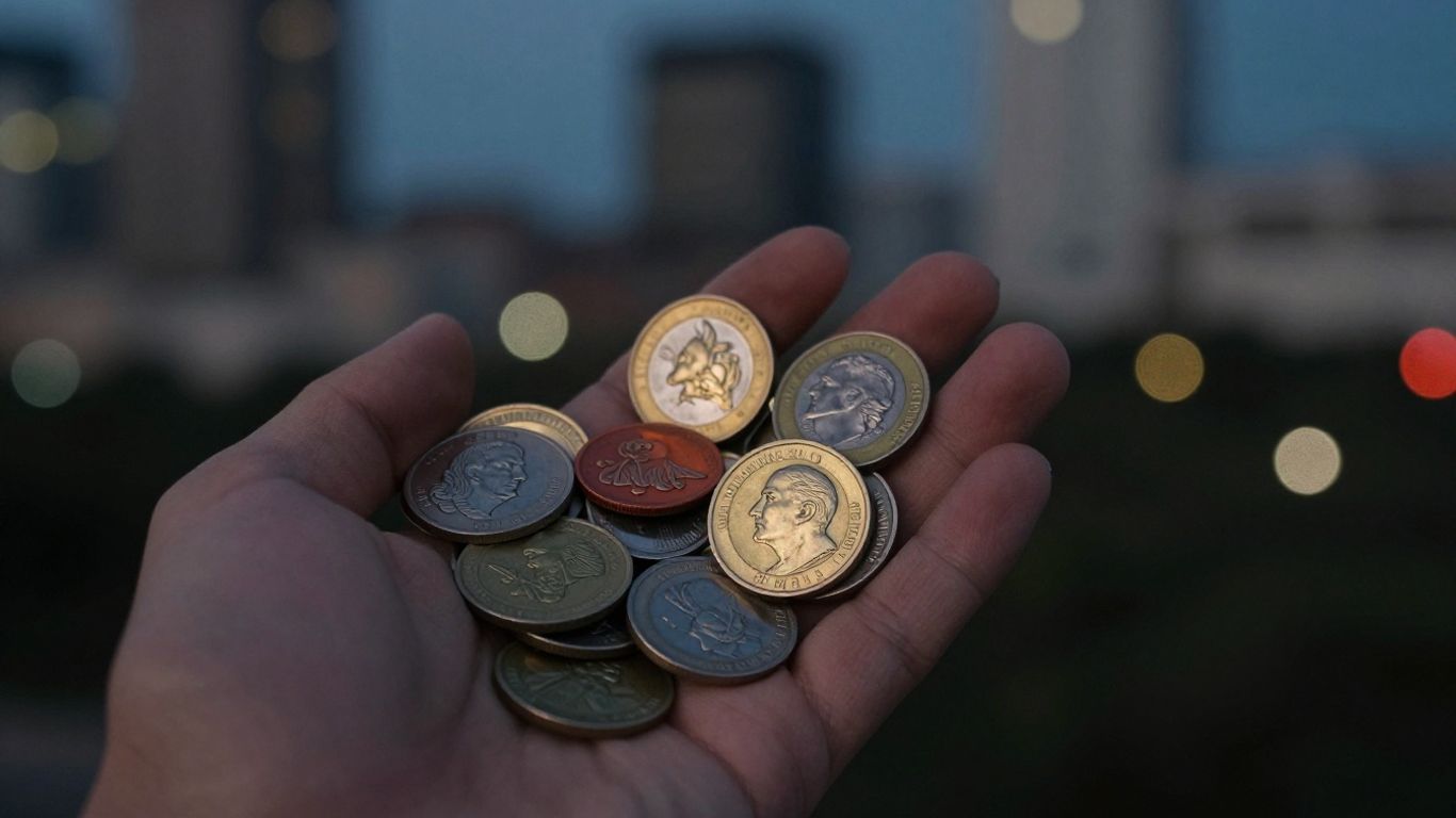 Colorful token coins held in a hand with city lights blurred.