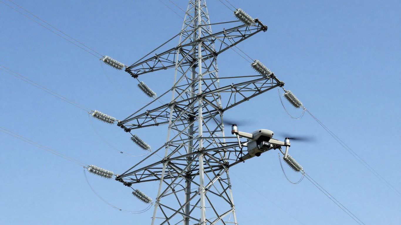 Drone inspecting power lines from above.
