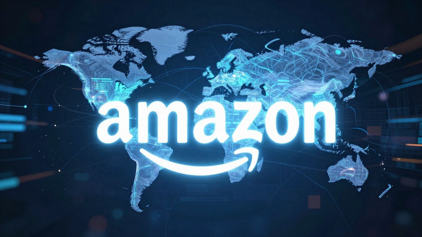 Abstract data streams around Amazon logo