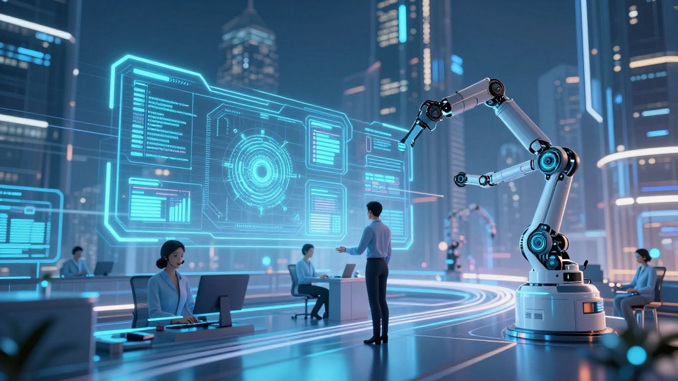 Robots and humans collaborating in a futuristic customer support center.