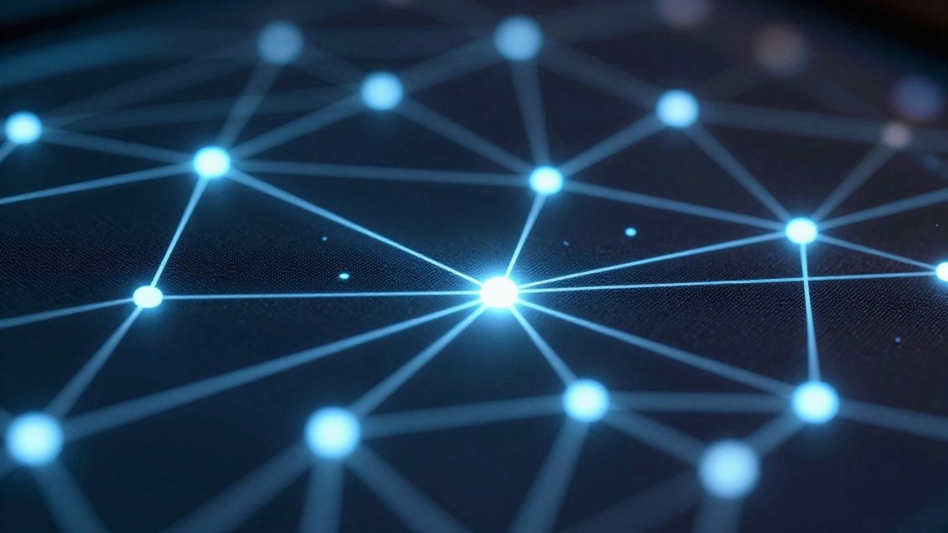 Digital network with glowing lines and nodes.