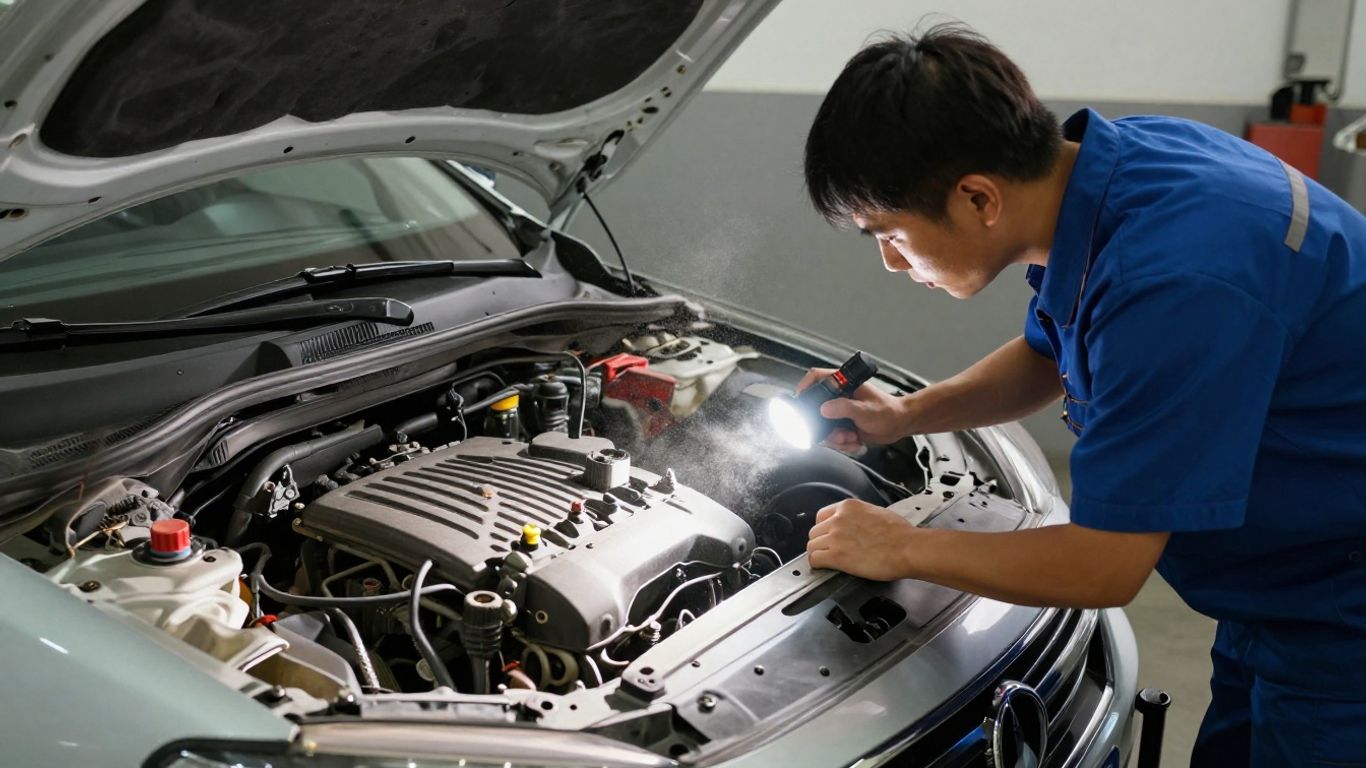 Mechaniker prüft Motorraum eines Gebrauchtwagens in Werkstatt.