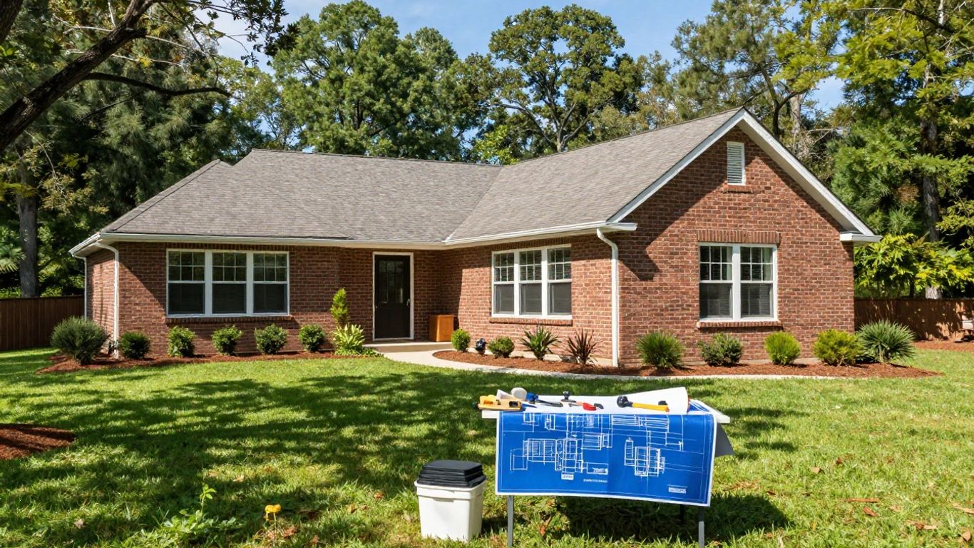 House addition construction with blueprints and tools.