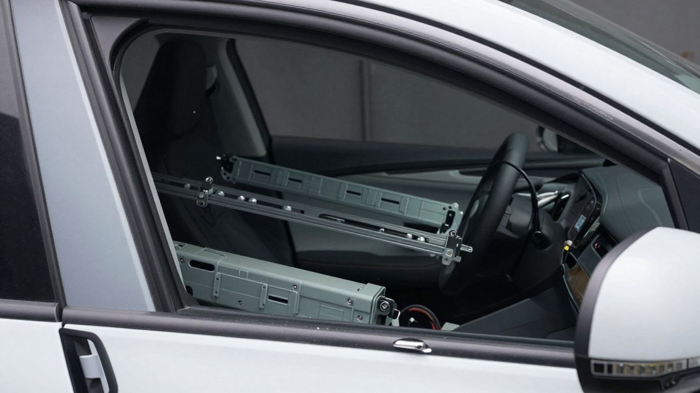 A close view of a car door window mechanism