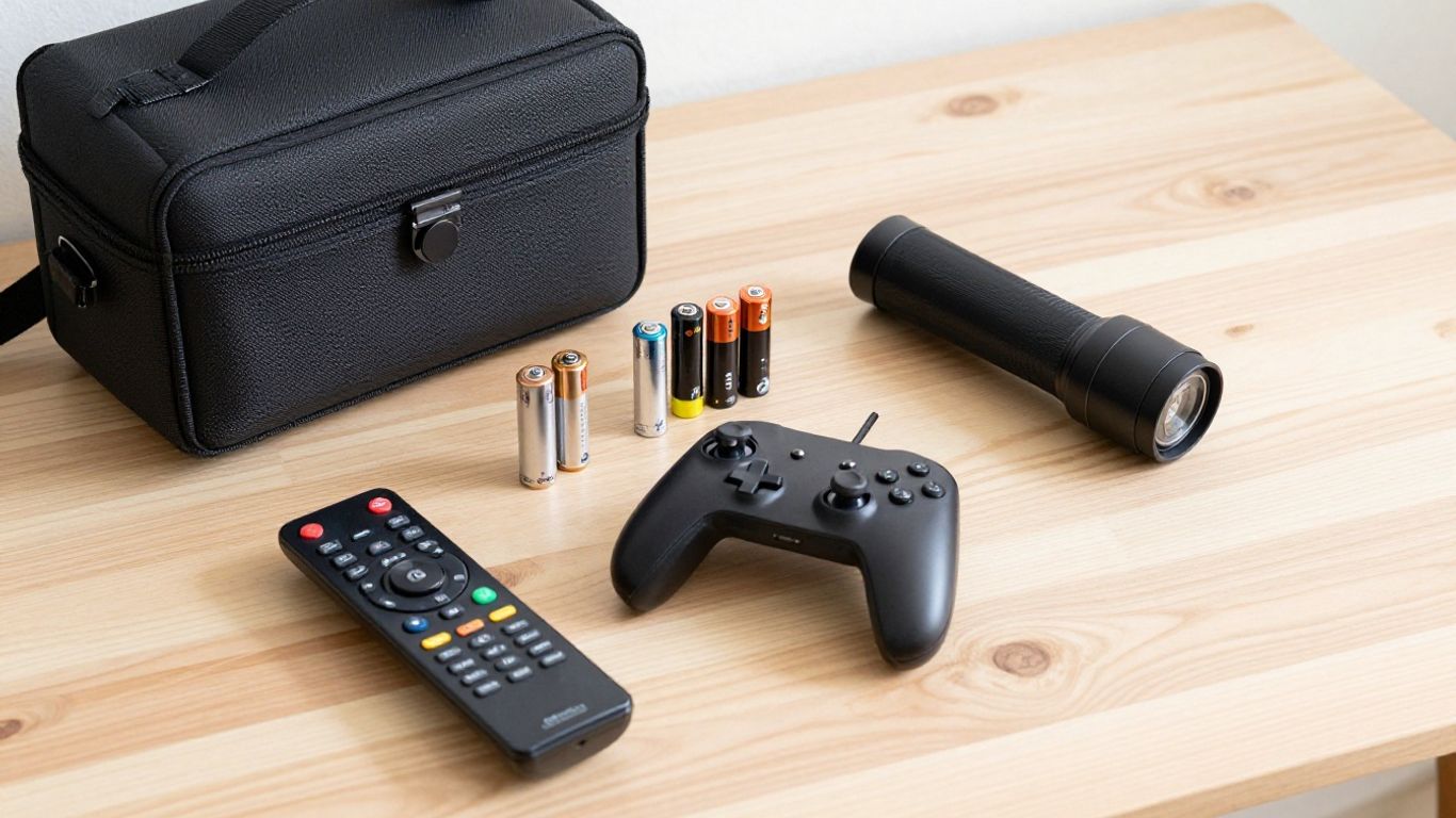Batteries arranged with torches toys and remotes