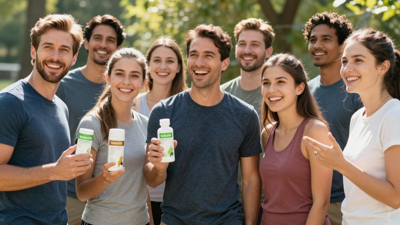 People smiling and holding Herbalife products outdoors.