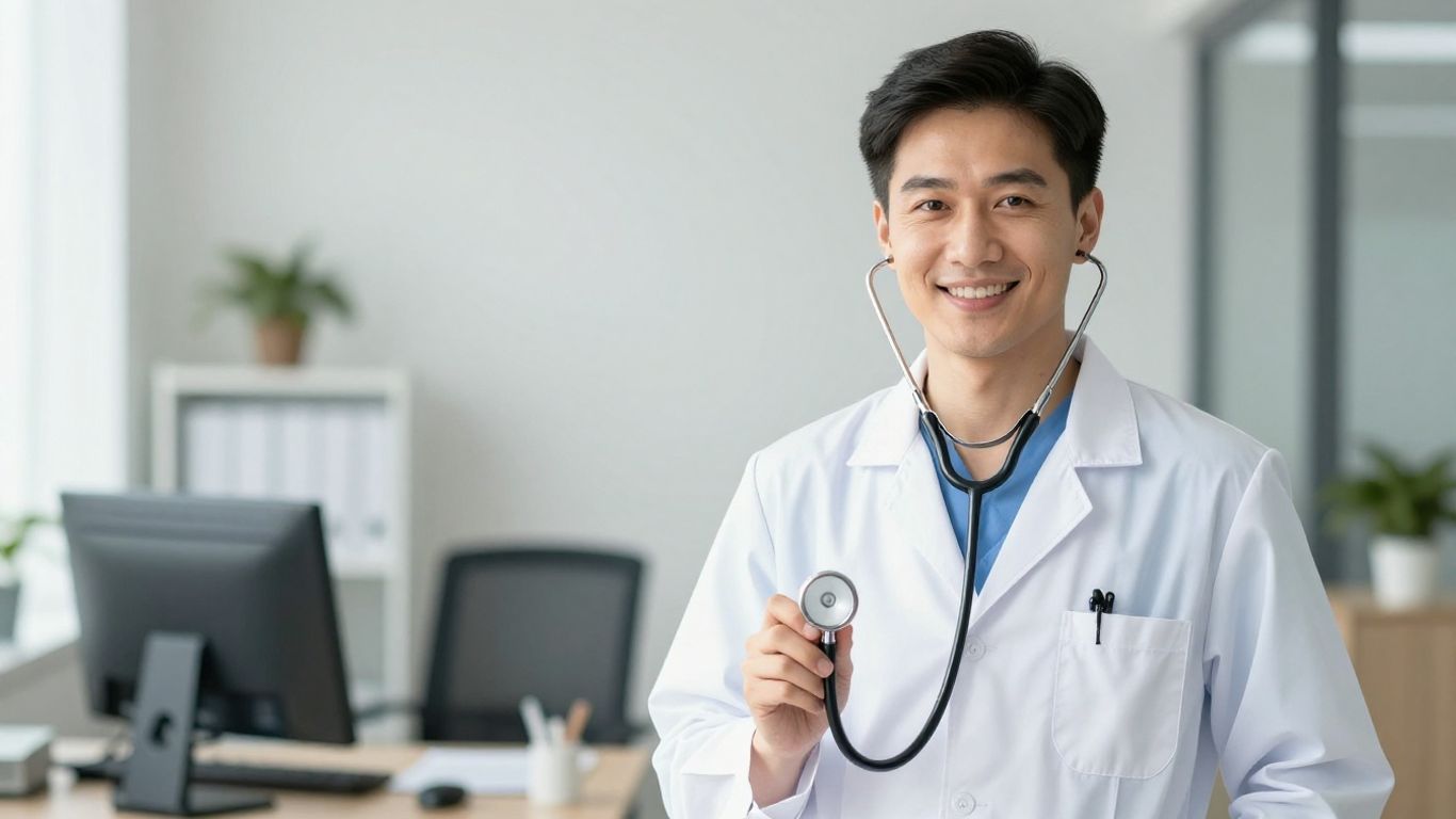 Medical assistant in scrubs with stethoscope in a clinic.