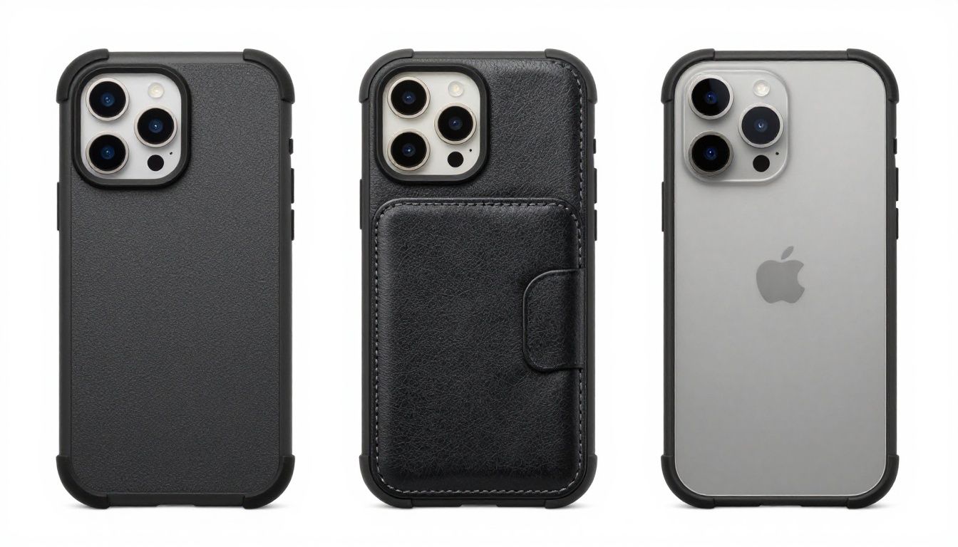 A person in Australia choosing between three different types of iPhone 16 Plus cases: a rugged heavy-duty case, a leather wallet case, and a sleek waterproof case.