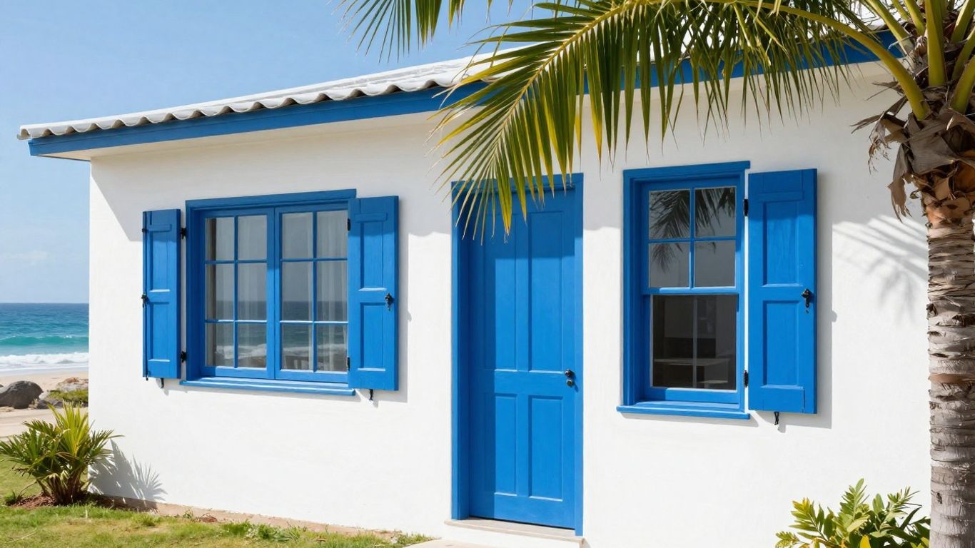 Coastal home exterior with white walls and blue shutters.