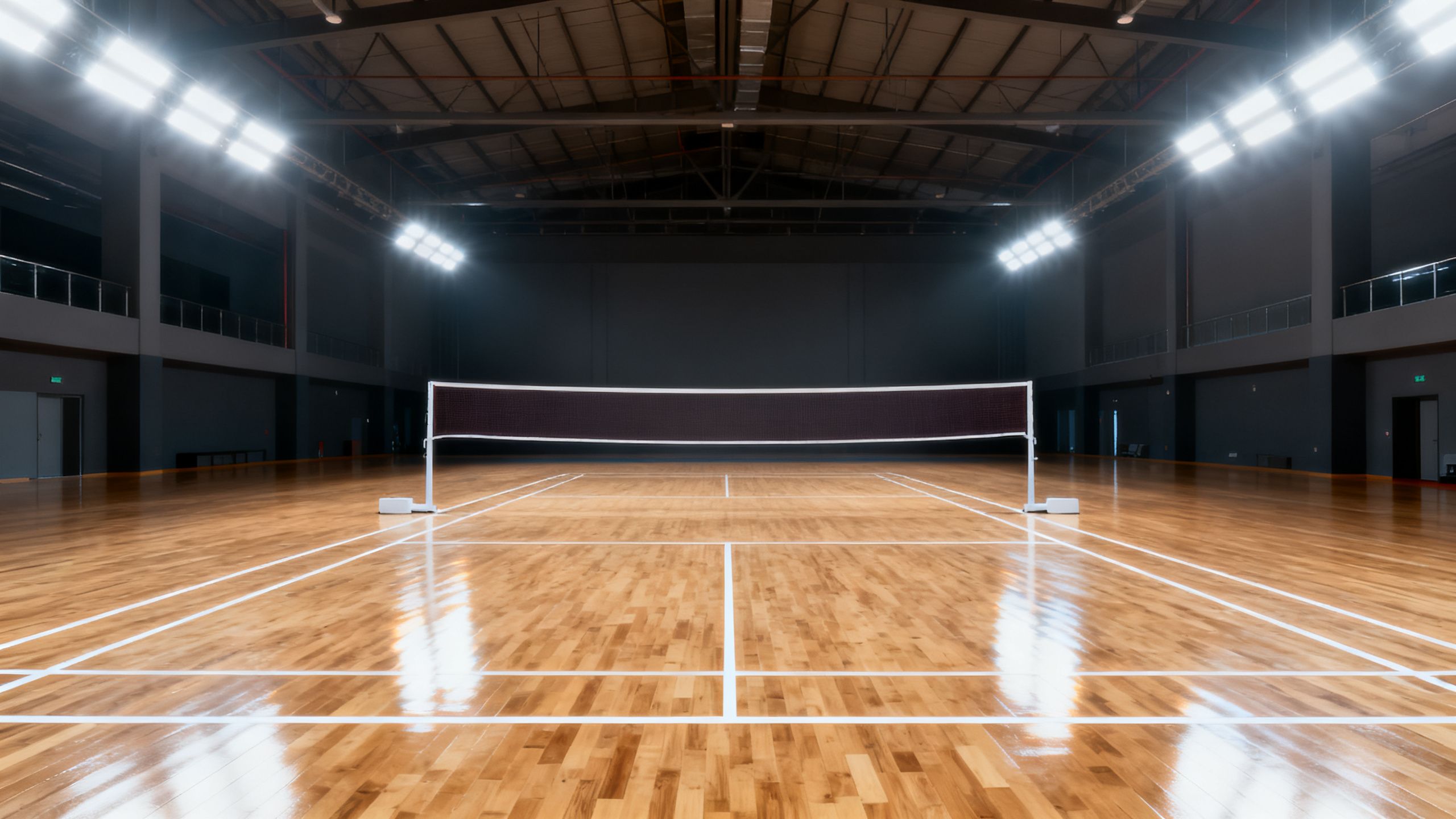 Clean indoor badminton court with polished wooden floor and bright lighting.
