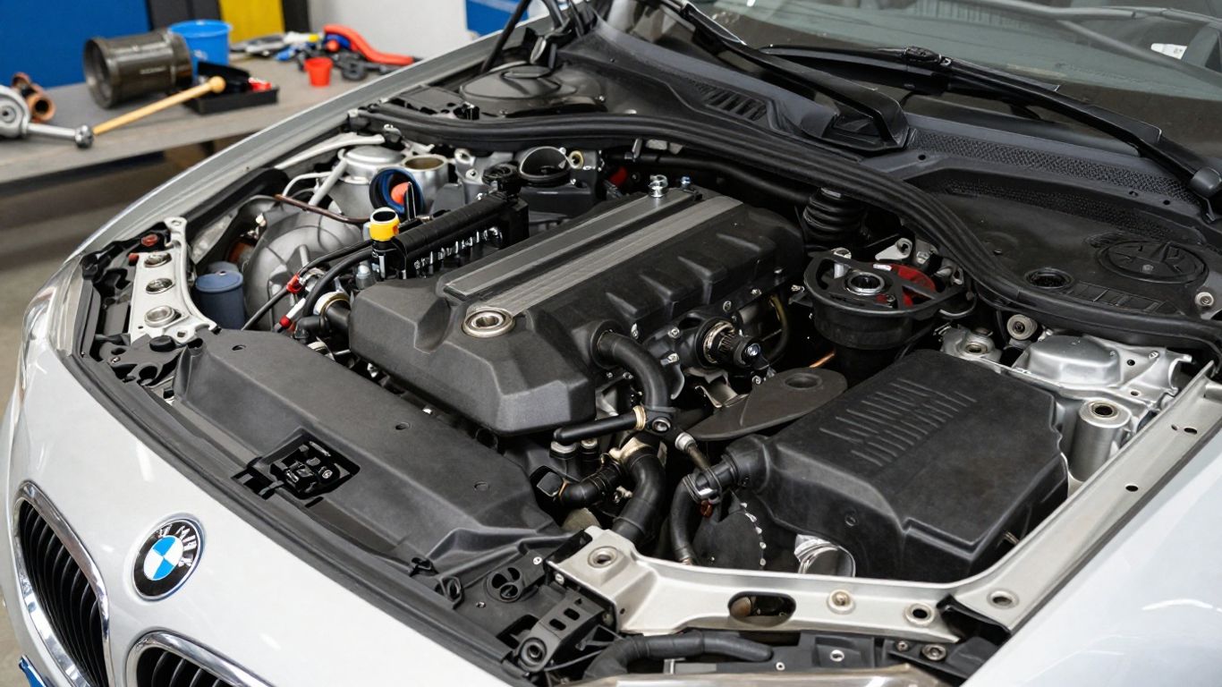 Used BMW 1 Series engine on workshop floor