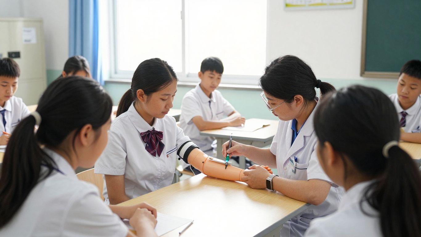 Students learning phlebotomy in a classroom setting.
