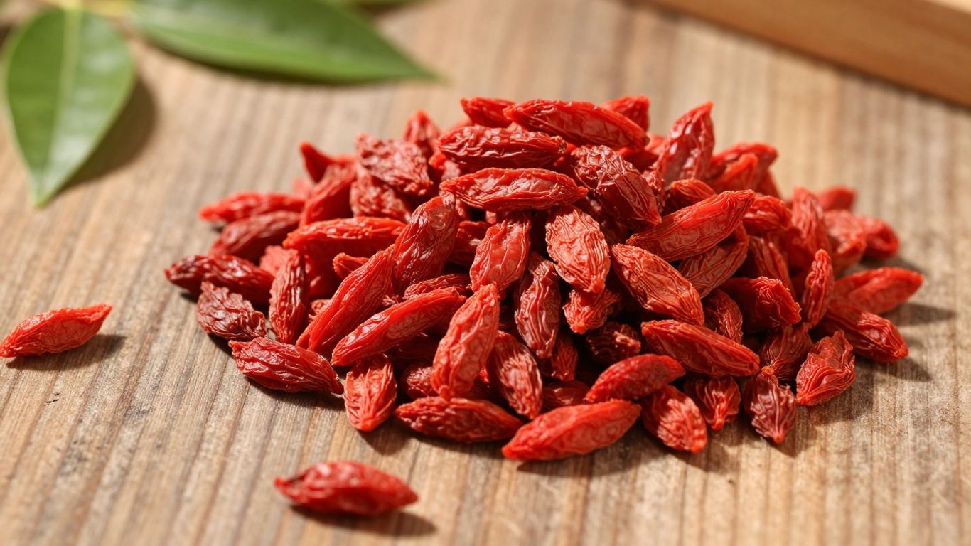 Pile of fresh red wolfberries (goji berries) with green leaves.
