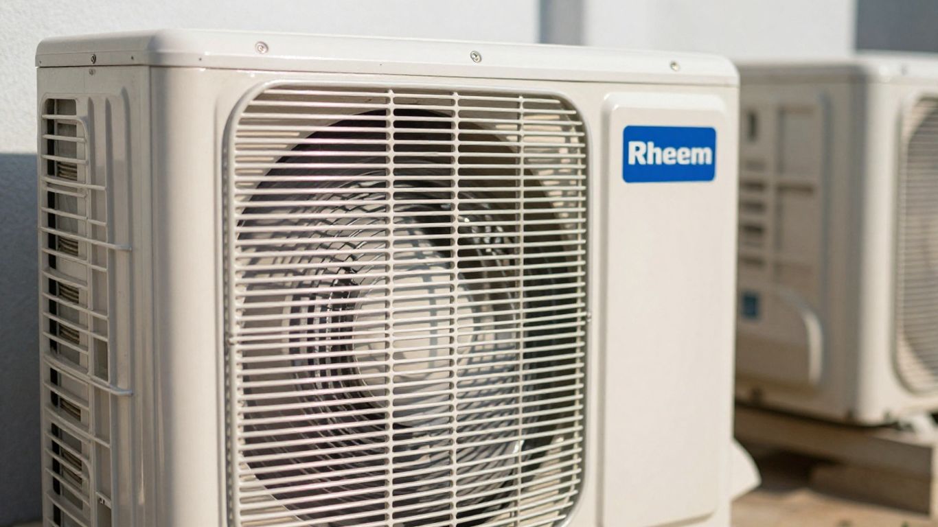 Rheem AC unit exterior, clean and well-maintained.
