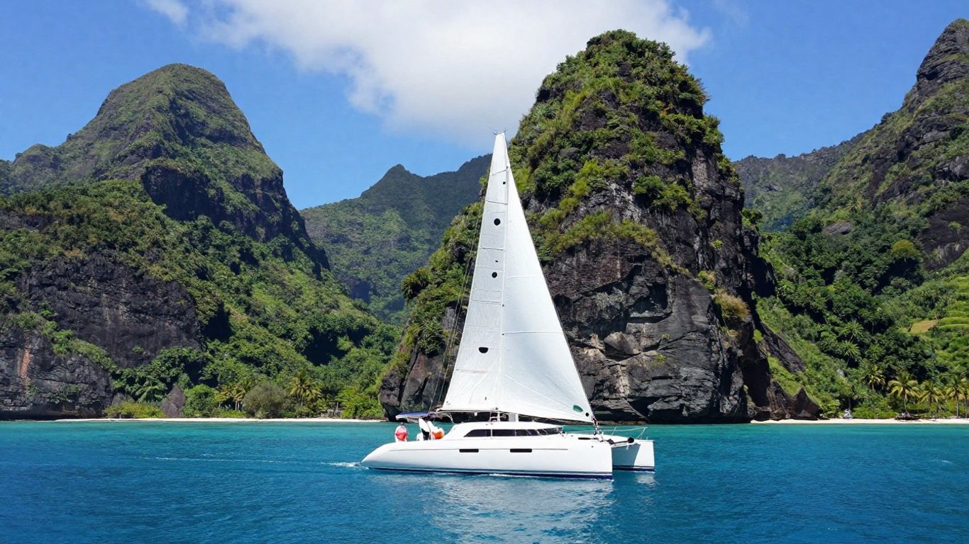 Catamaran sailing near the beautiful Piton peaks