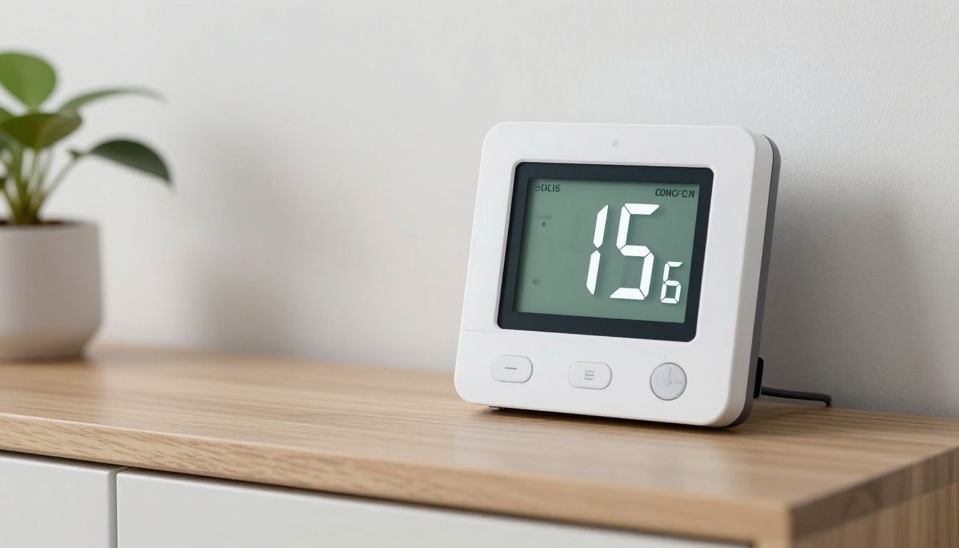 A digital thermostat set to 15-16 degrees Celsius in a room