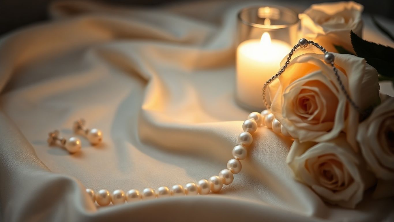 Luminous pearl necklace arranged on cream silk