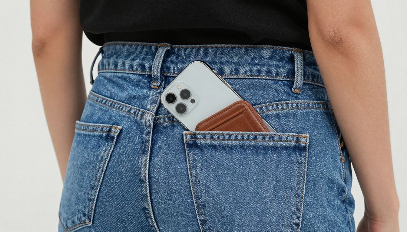 A person slipping their iPhone 16 with a slim wallet case into the back pocket of their jeans before heading out.