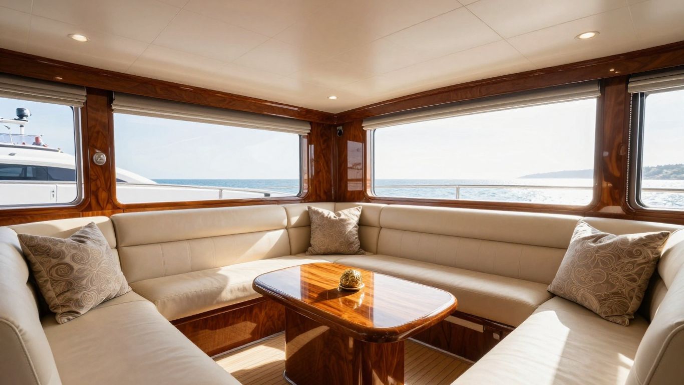 Luxurious yacht interior with plush seating and wood accents.