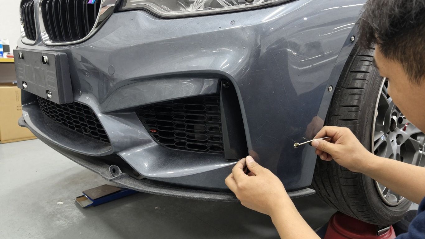 Technician inspecting recycled BMW M3 bumper