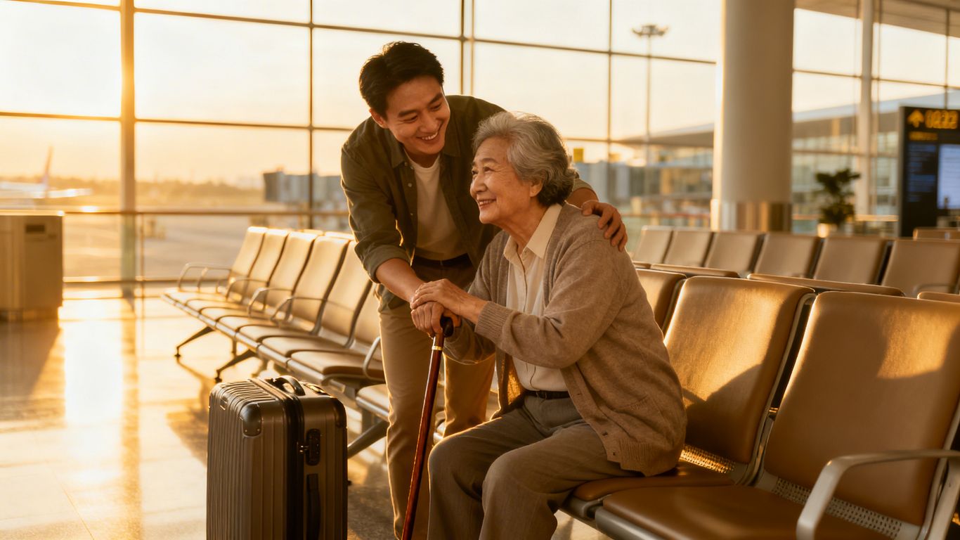 Adult assisting elderly parent with travel.