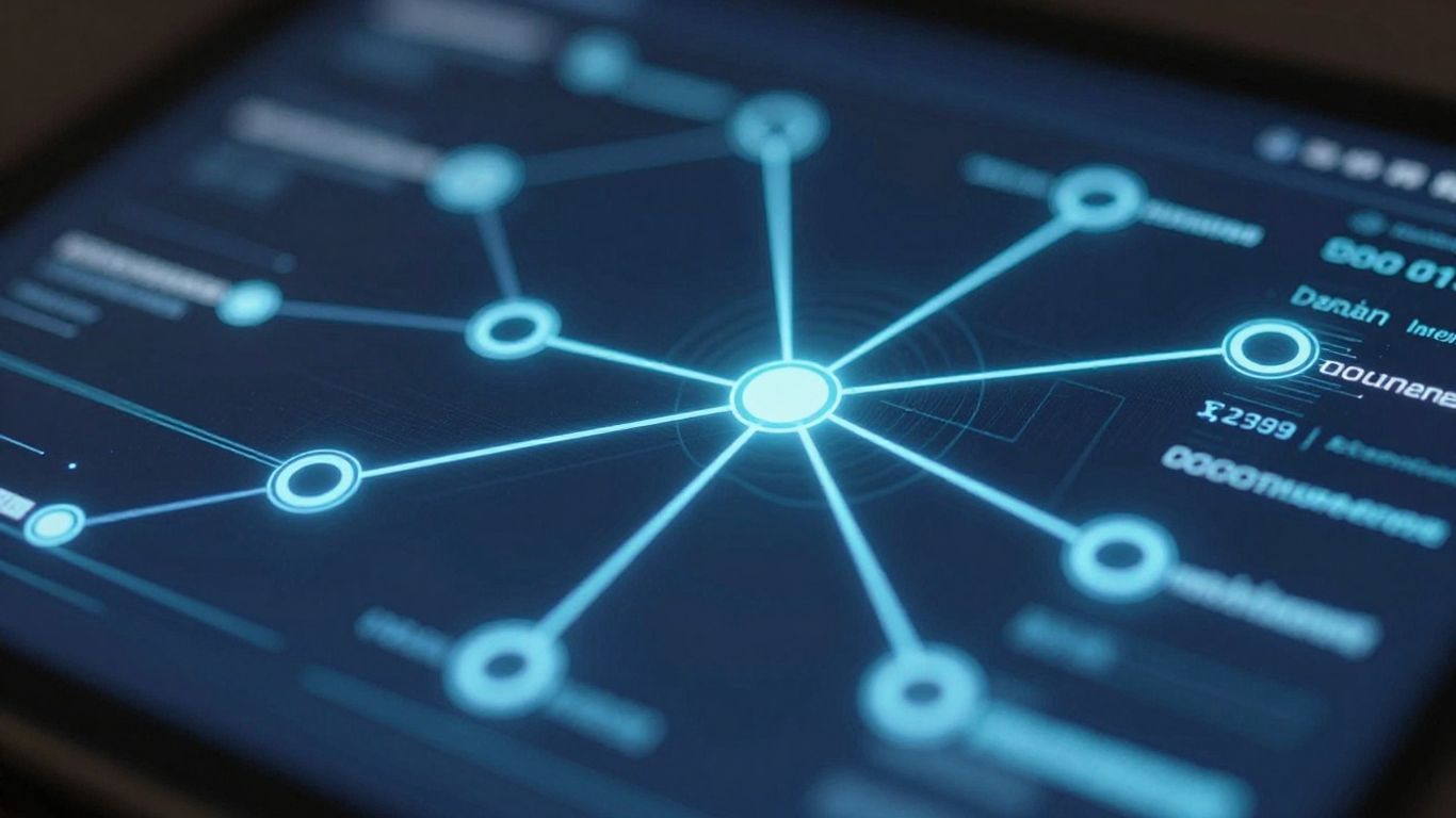 Digital interface with flowing data streams and connecting lines.