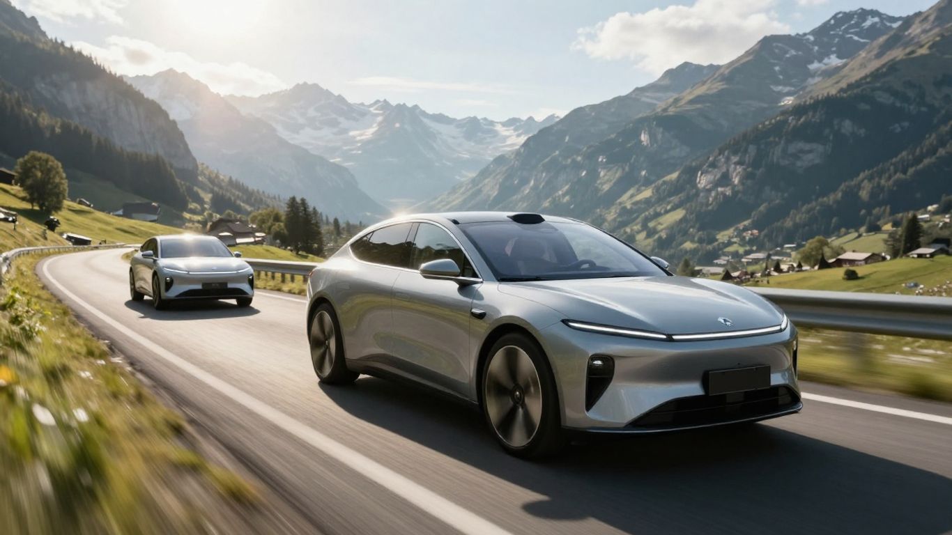 Schweizer Autobahn mit modernen Elektroautos und Bergen