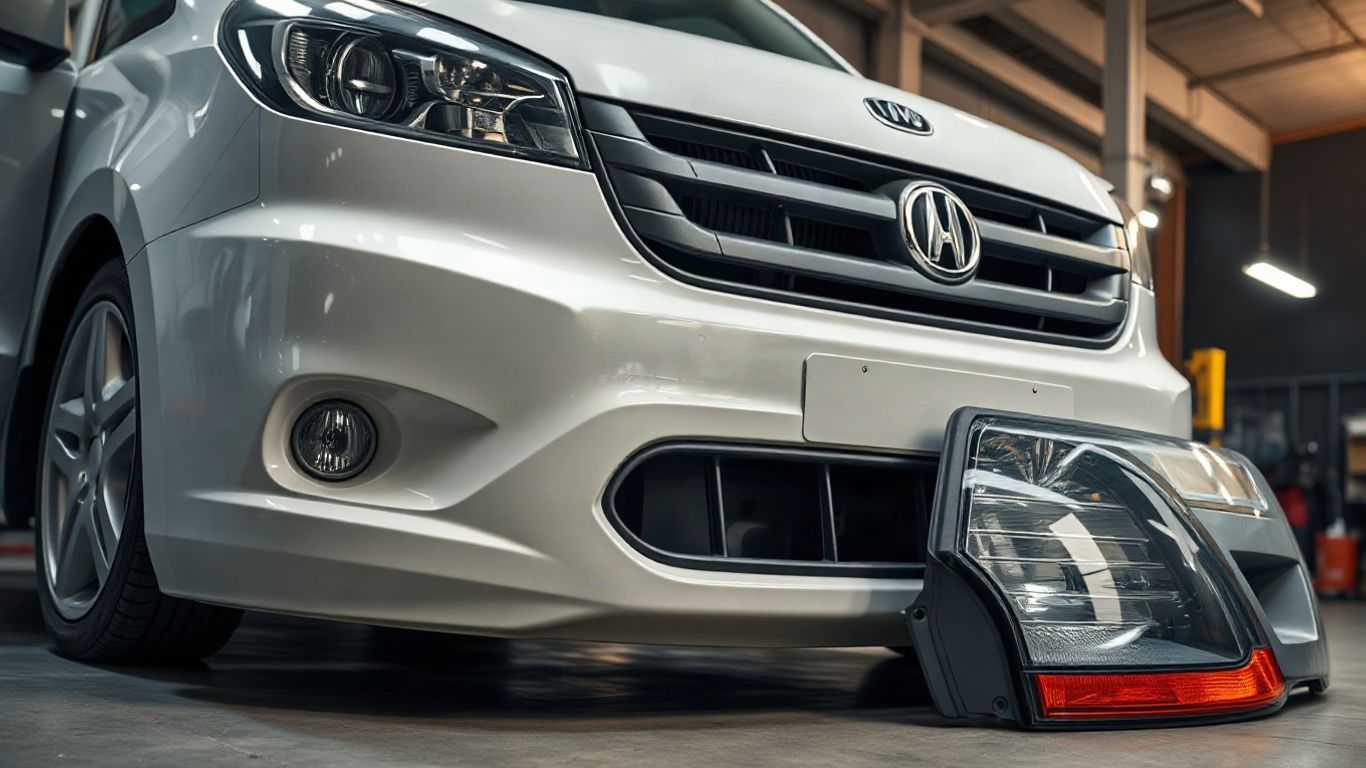 Clean vehicle exterior with replacement panels displayed nearby