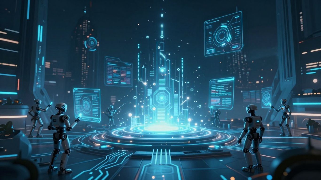 Futuristic AI cityscape with glowing circuits and robots.