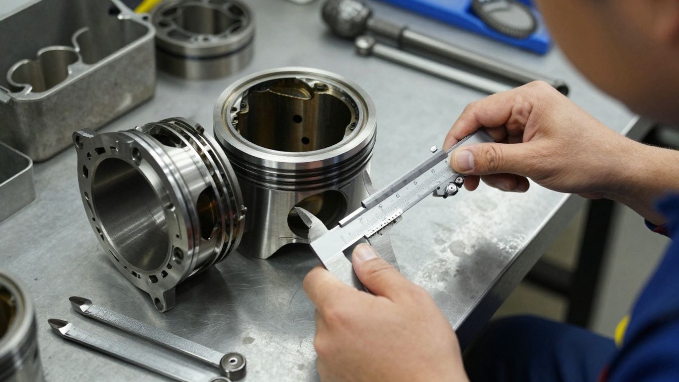 Mechanic measuring engine piston clearance