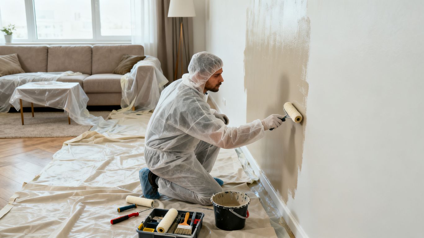 Painter refreshing a living room wall with a roller.