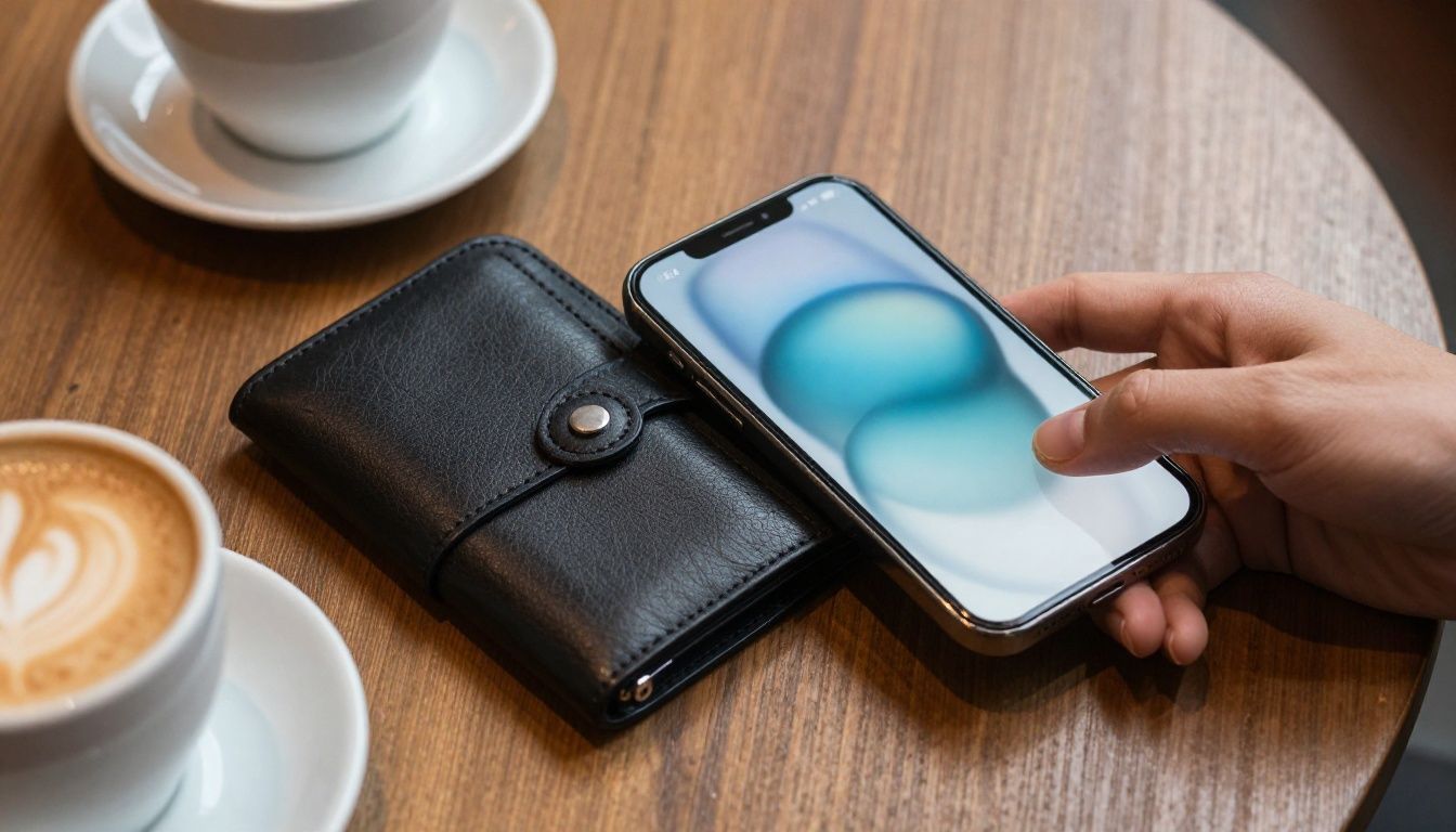 Someone paying for coffee at a Melbourne cafe by tapping their iPhone 15 Plus in a leather wallet case.