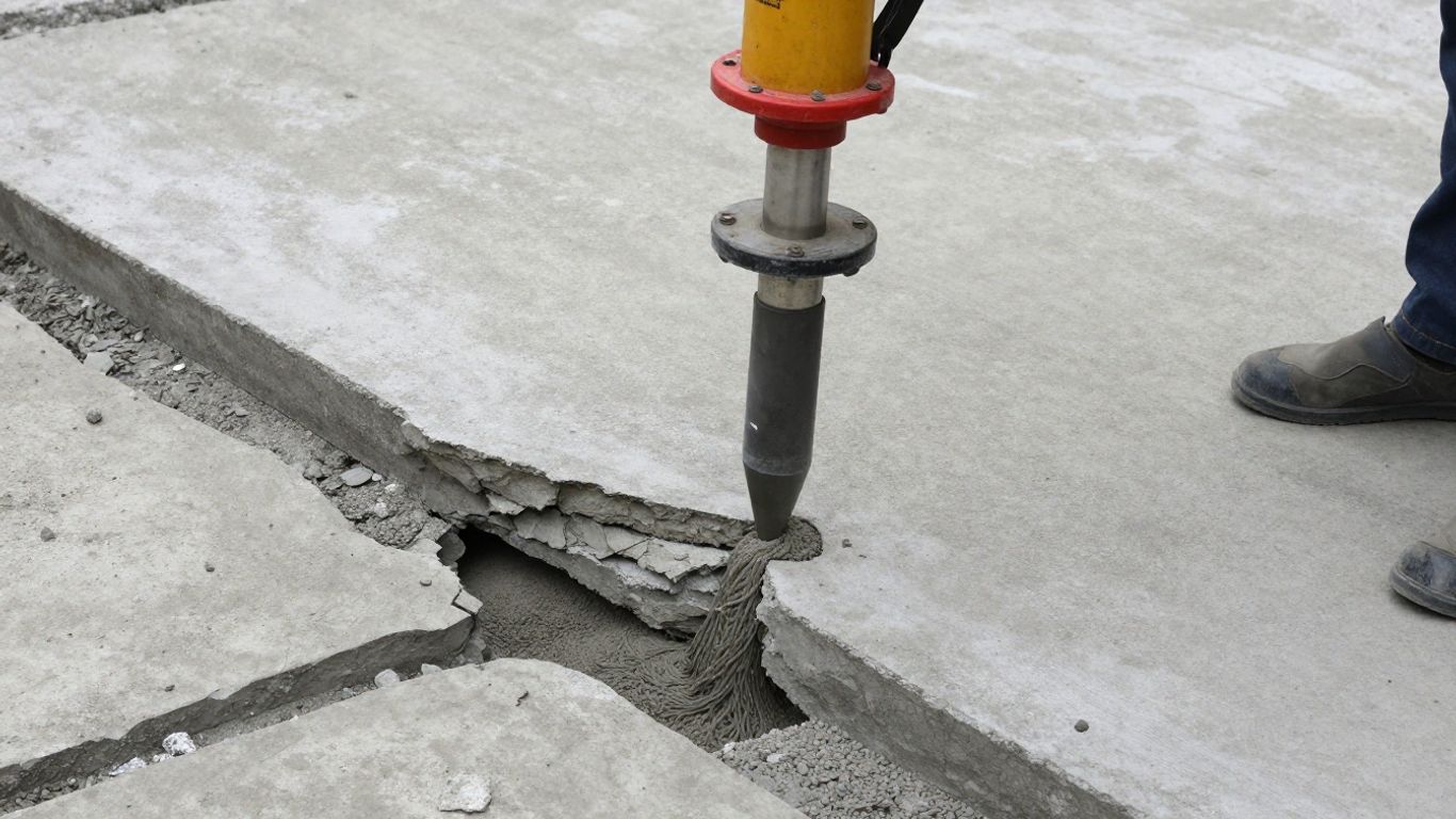 Mudjacking concrete repair lifting a sunken slab.