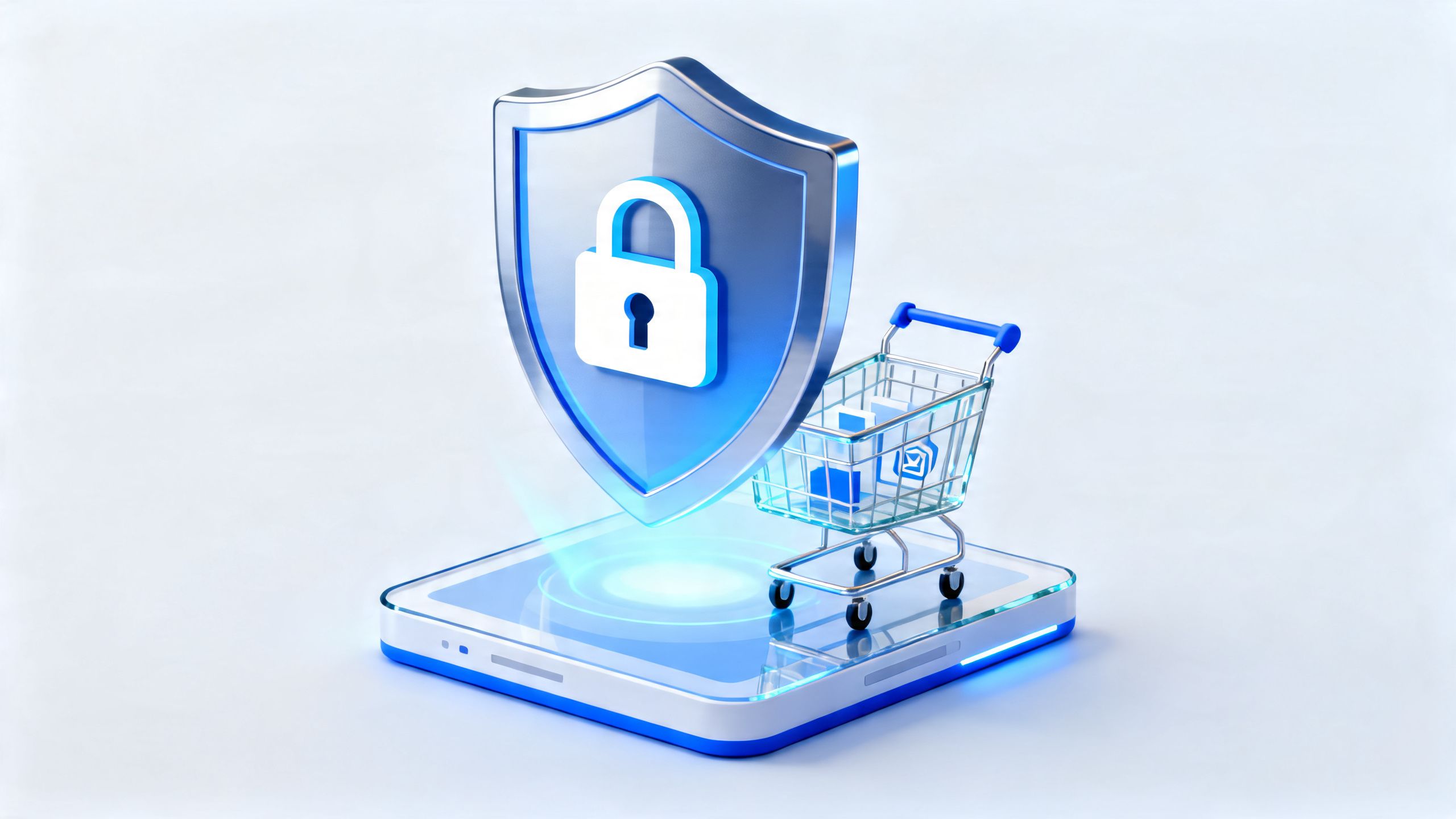 A digital shield with a lock icon hovering over an online shopping cart, symbolizing the robust security provided by formal verification for eCommerce