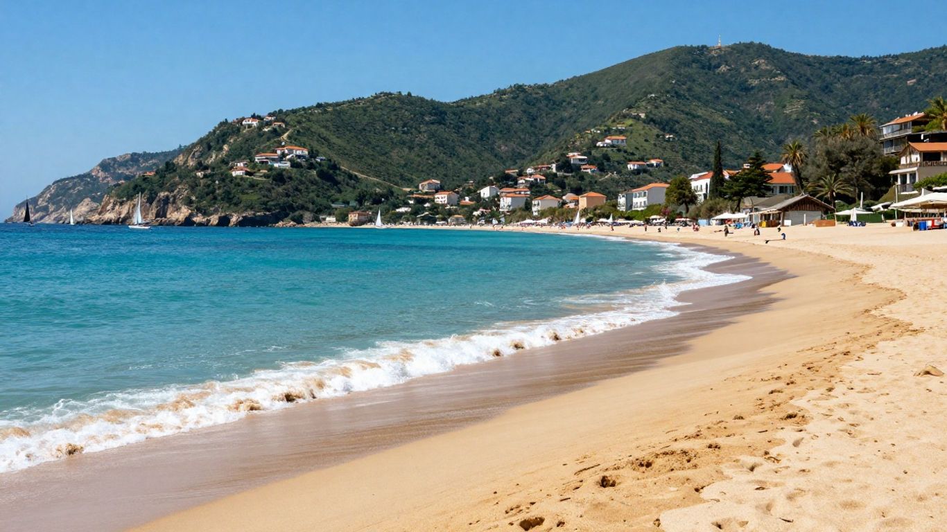 Languedoc coastline with beach, sea, and distant villages.