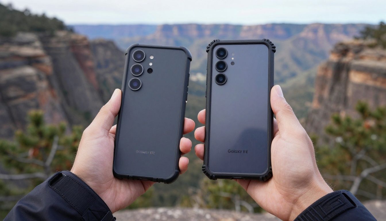 A person on a hiking trail in the Blue Mountains, pausing to check their Galaxy S25 FE, which is protected by a sturdy, dark-coloured heavy-duty case.
