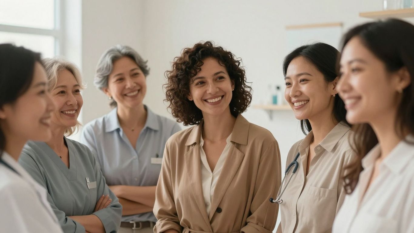 Mulheres confiantes em um ambiente médico acolhedor.