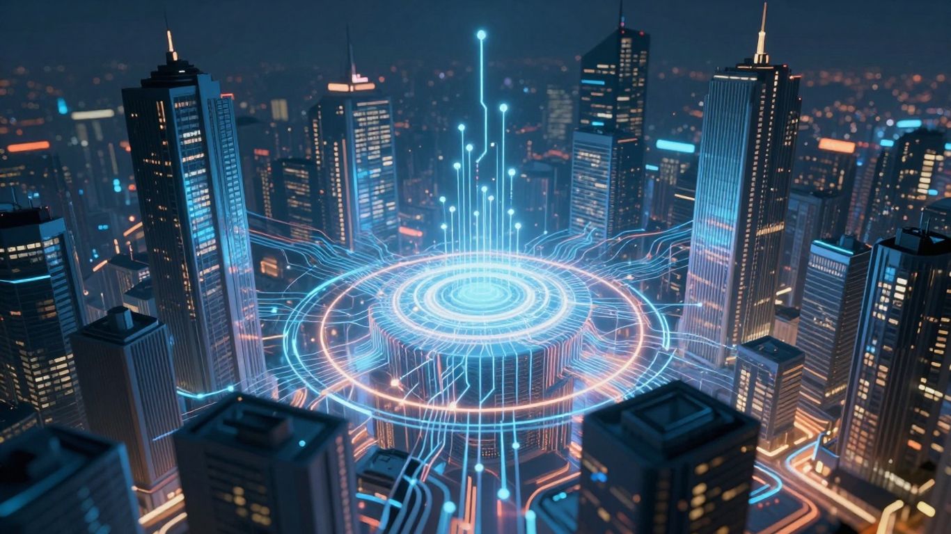 Futuristic cityscape with glowing digital network node.
