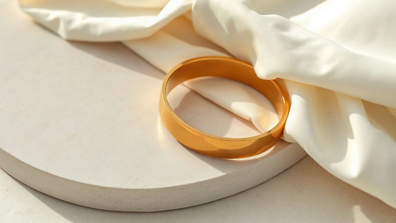 Polished gold bangle beside a folded ivory blouse