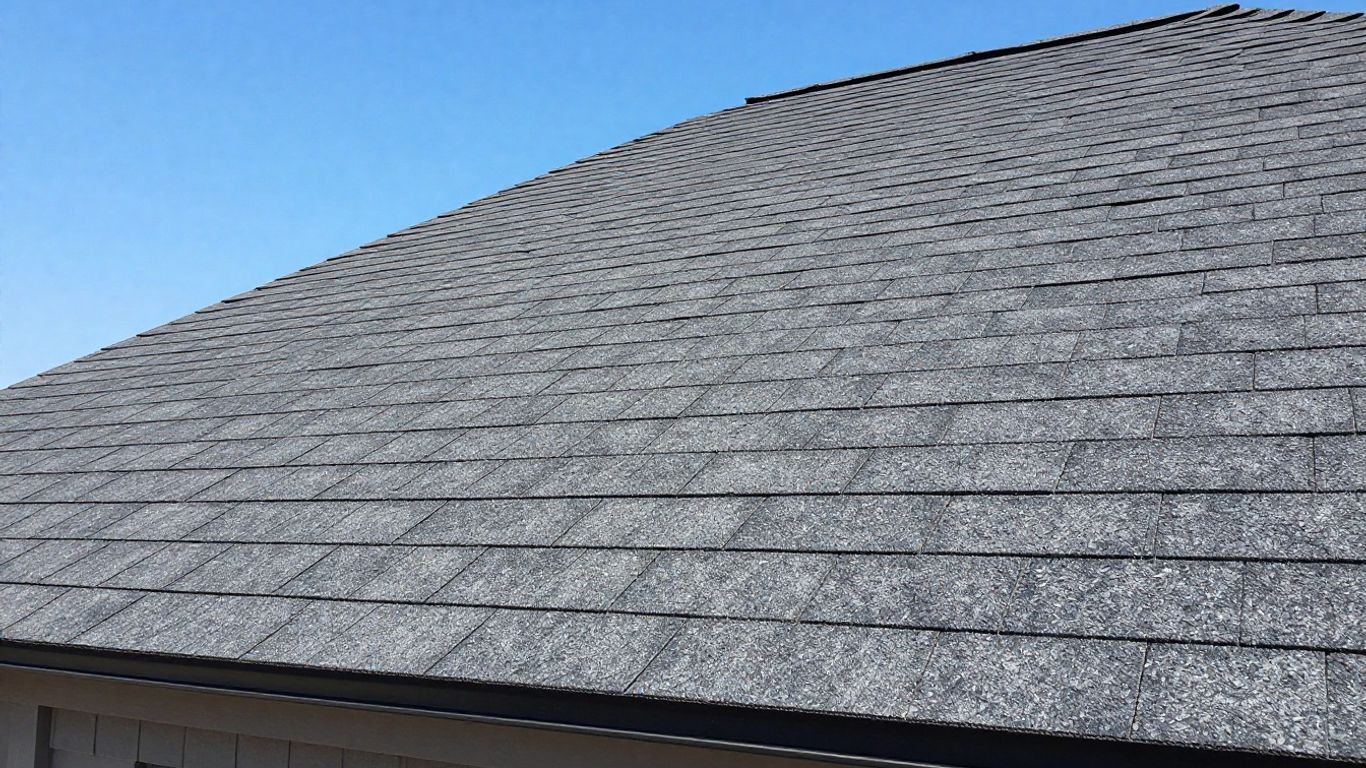 Newly installed dark gray asphalt shingle roof on a house.