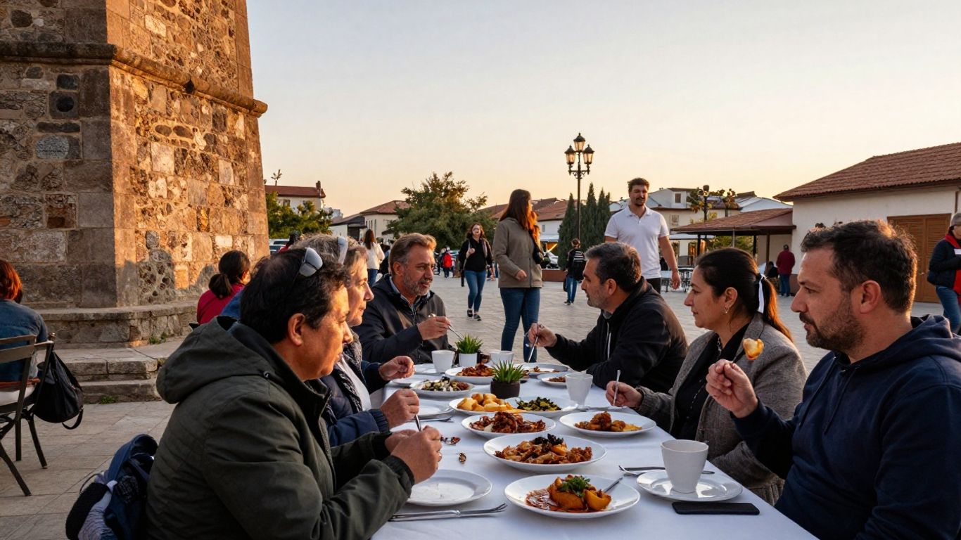 Visitors sharing a meal near a historic landmark