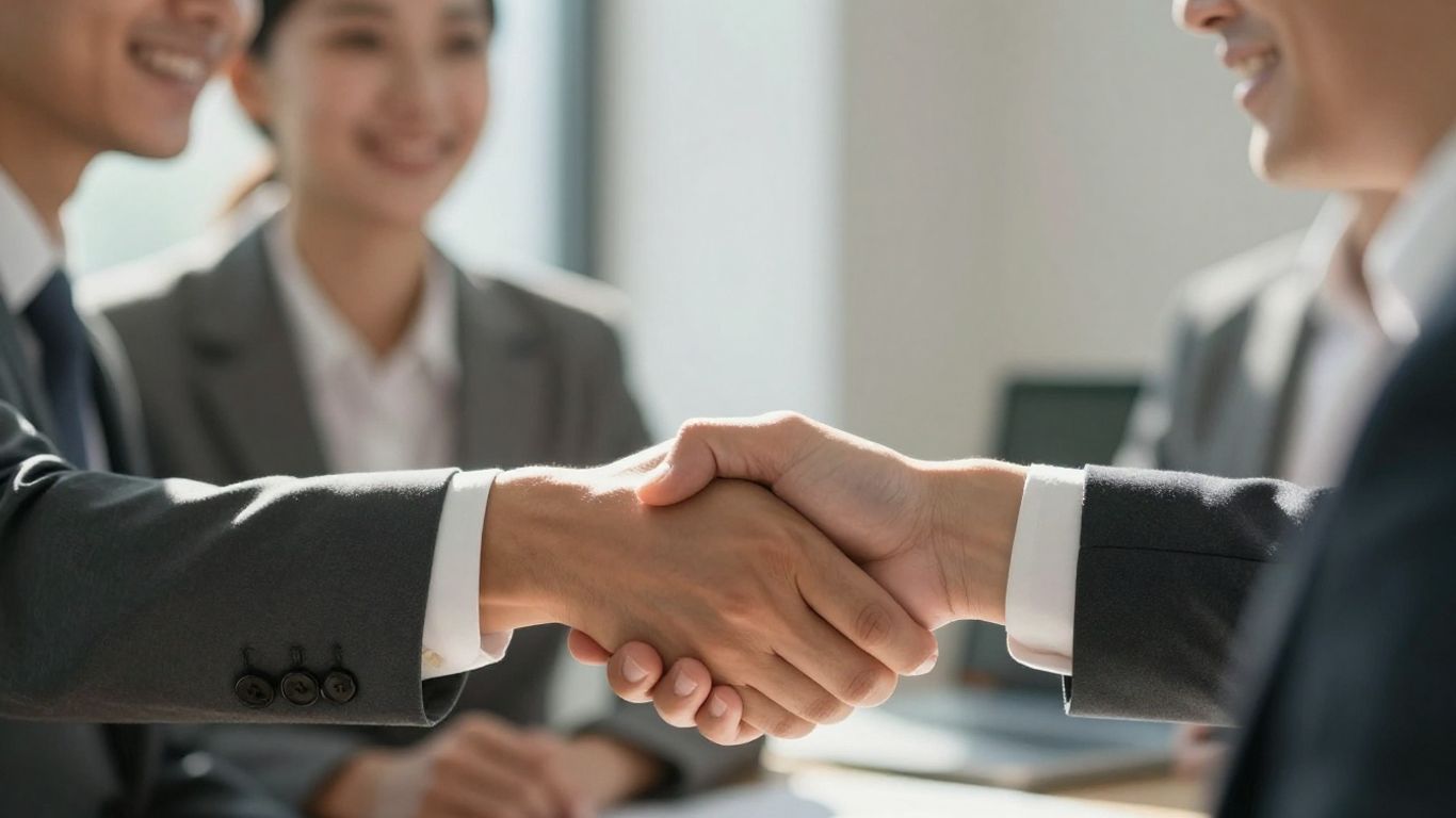 Business people shaking hands, building relationships for repeat sales.