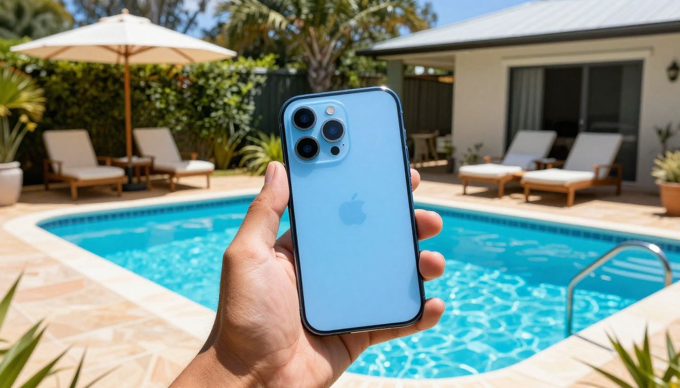 A person using their iPhone 15 Pro near a swimming pool in a sunny Australian backyard