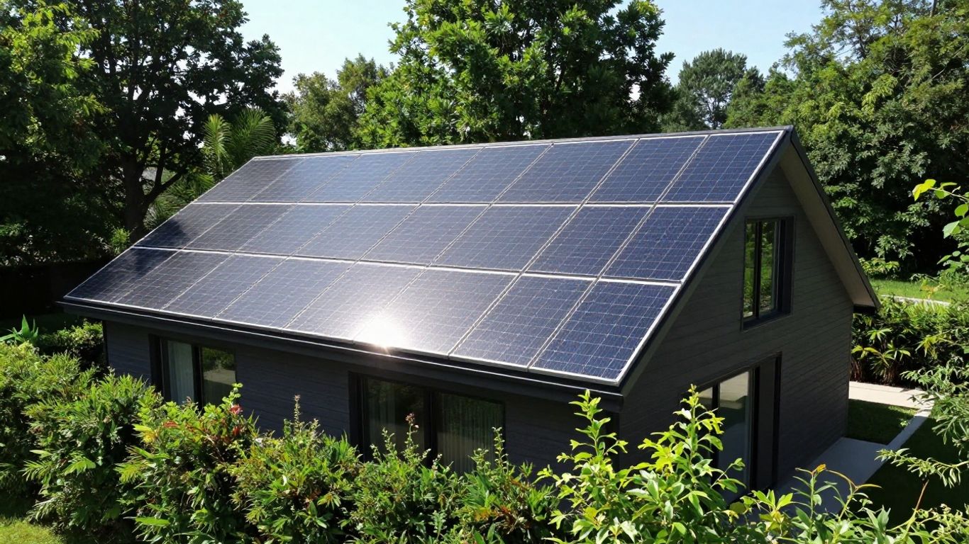 Maison avec toit solaire moderne et environnement verdoyant.
