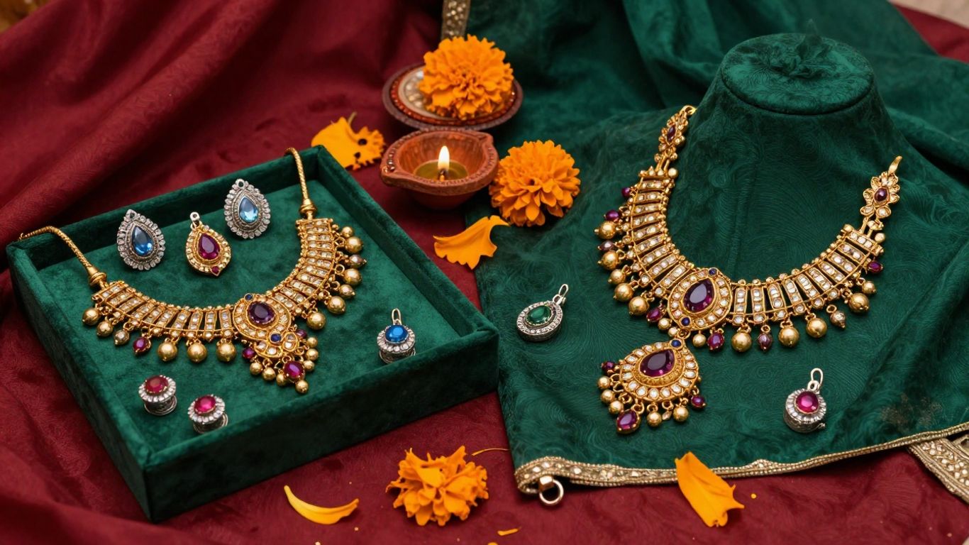 Gold jewellery and gemstones on festive fabric